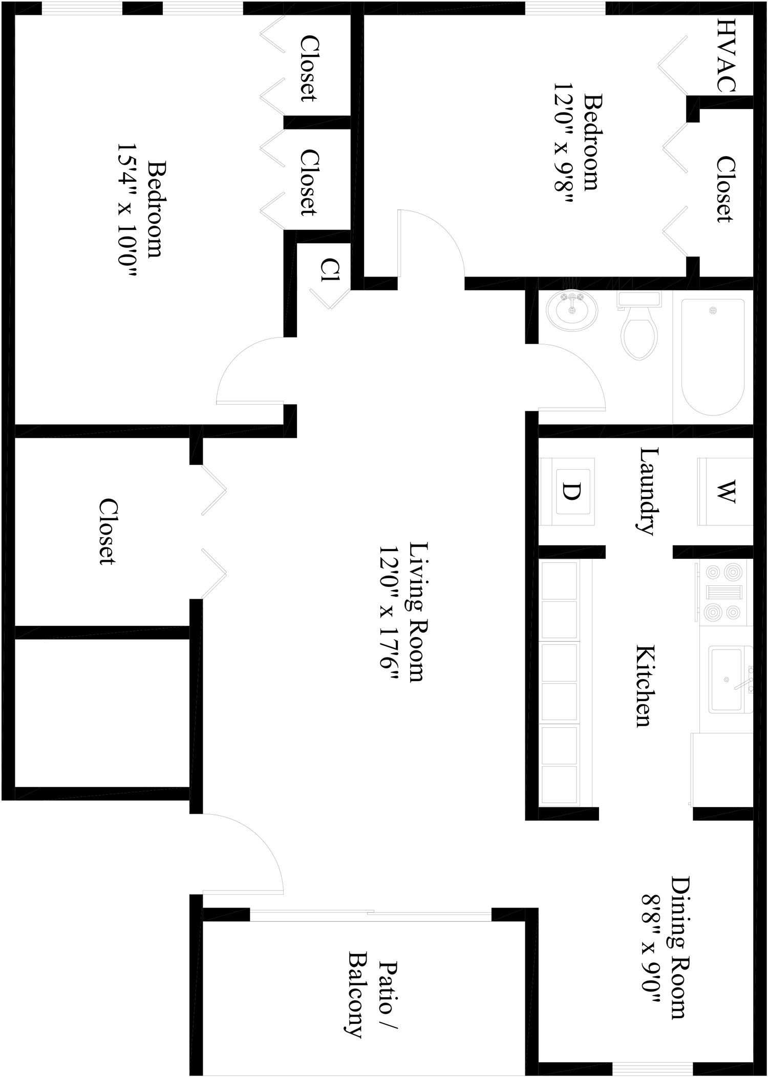 Floor plan for 2 beds, 1 bath, 890 sqft